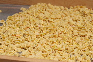 Orecchiette, a type of Italian pasta. Demonstration of the famous Apulian orecchiette common in Italy. Varieties of fresh pasta. Italian pasta in the shape of small ears. Handmade orecchiette pasta