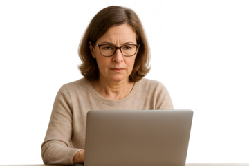 Woman working on laptop computer at home office looking concerned and confused business technology concept on transparent background