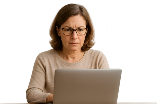 Woman working on laptop computer at home office looking concerned and confused business technology concept on transparent background