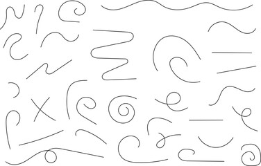 Hand drawn lines set. Hand drawn freehand different curved lines, swirls arrows. Curved arrow line. Doodle, sketch style. Isolated Vector illustration.