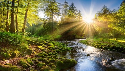 Fototapeta premium wald panorama mit bach und sonnenstrahlen