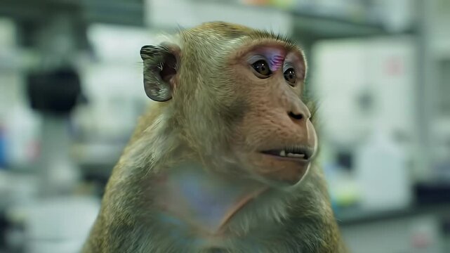 Distressed Monkey in Lab Expressing Suffering from Animal Testing for Cosmetic Experiment and Exam in Laboratory