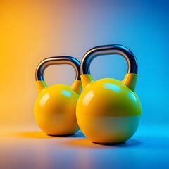 Futuristic Gym Aesthetic &ndash; Neon Blue Background with Yellow Kettlebells