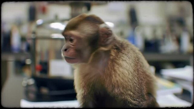 Light Brown Monkey Sits in a Bright Lab Setting With Expression of Discomfort Animal Testing For Cosmetic Industry