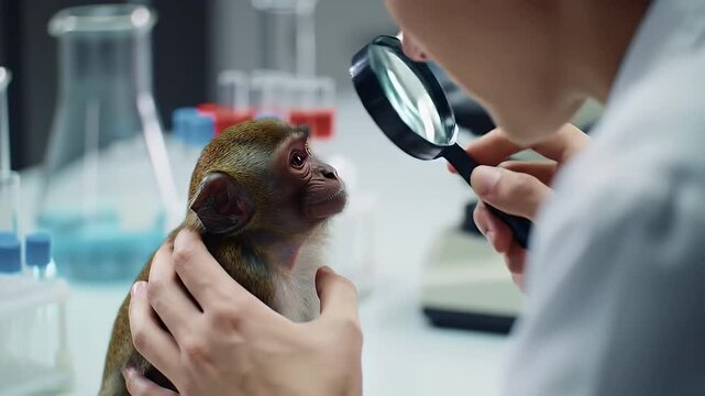 Monkey Animal Testing for Cosmetic Industry In Laboratory Under Medical Exam Experiment Research By Scientist