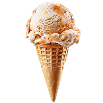 Pyszne lody waniliowe z polewą karmelową w waflu isolated on transparent background