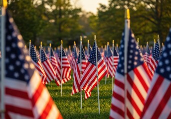 Numerous american flags stand in a field, bathed in the warm glow of the late afternoon.