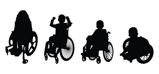 Silhouette children in wheelchairs on white background