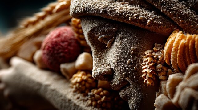 Demeter as the goddess of harvest surrounded by wheat and a cornucopia filled with abundant crops