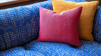 Vibrant Home Decor: Close-up of Textured Pillows on a Blue Couch