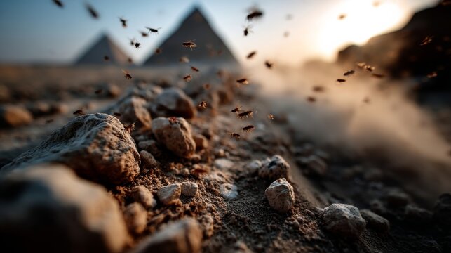 Dust transforms into gnats with ancient pyramids in the background symbolizing the third plague of Egypt