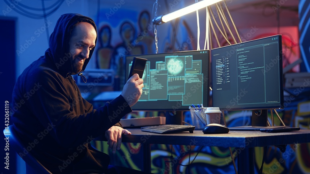 Poster hacker arriving in secret underground base with ssd containing data from victim after tricking it in