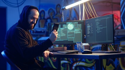 Hacker arriving in secret underground base with SSD containing data from victim after tricking it...