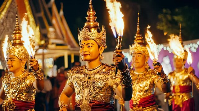 Celebrate traditional Thai festival with captivating fire dance performances in vibrant evening atmosphere, Thailand festival advertisement poster, traditional decor, product stage highlight