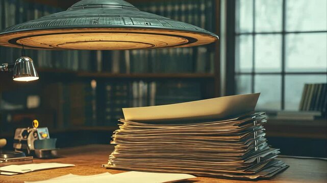 UFO hovering above a desk filled with classified documents in a library setting, UFO Photo Put On Desk With Classified Folder
