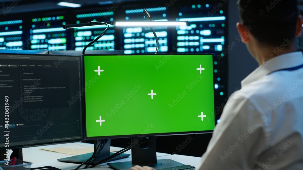Poster engineer working with chroma key pc in data center used for managing gear energy consumption. employ