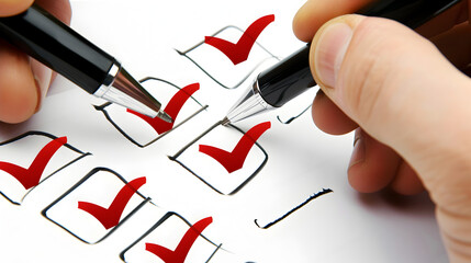 Two hands marking checklist boxes with red check marks using black pens on white paper surface