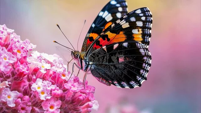 Red admiral butterfly Vanessa atalanta drinking nectar from pink flowers in a vibrant garden setting, Red admiral butterfly (Vanessa atalanta) drinking nectar on pink Buddleia flowers in summer