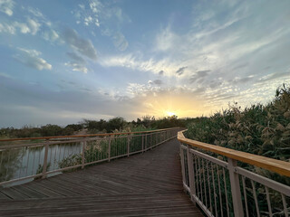 Obraz premium Pedestrian bridge over lake at sunset