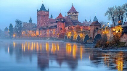 Obraz premium Malbork Castle at Dusk: A Serene Reflection