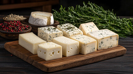 Wooden cutting board displays assorted cheeses in artistic arrangement symbolizing culinary tradition variety and richness in taste handcrafted gourmet culture and rustic elegance

