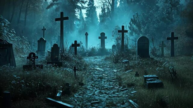 Mysterious abandoned graveyard surrounded by dense forest under eerie moonlight, Scary and Spooky Abandoned Graveyard in the Forest at Night Halloween Scene