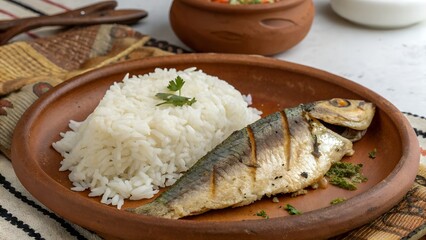 Rice and Hilsha Fish in Soil Plate &ndash; Traditional Food Display
