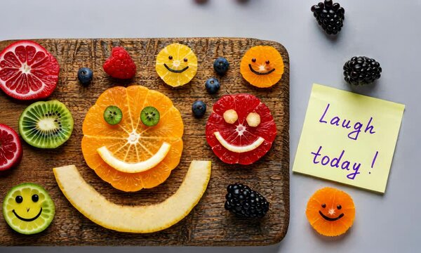 Smiley faces made of fruits with note saying "Laugh today!"