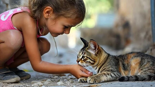 Cute girl gently pets a disabled homeless cat in a sunny outdoor alley, Cute kid girl pats strokes a homeless disabled cat without one paw in Paphos Cyprus