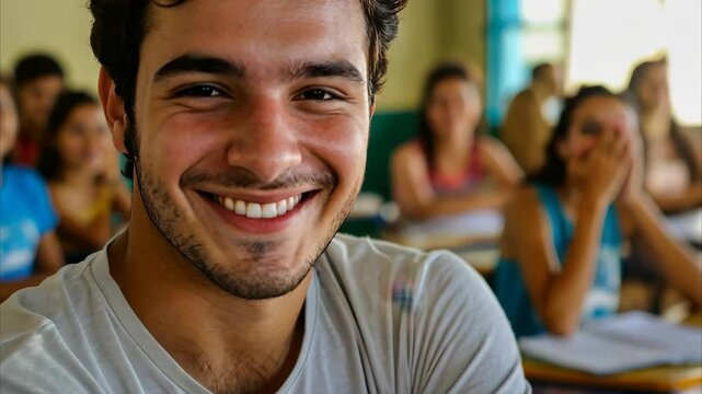 Smiling student with crossed arms in an engaging classroom with attentive peers, smiling with his arms crossed in the classroom on an adult course in Brazil