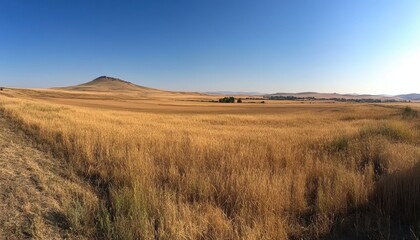 Golden field, distant hill, clear sky