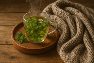 Steaming Mint Tea in Cozy Setting with Blanket for Relaxation and Wellness
