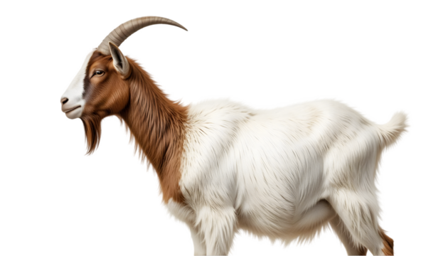 Single Boer Goat Standing Isolated on White for Livestock and Farm Animal Concepts: Distinctive White and Brown Goat Imagery: Boer, Goat, Isolated, White, Livestock, Farm, Animal, Brown, White, Horns,
