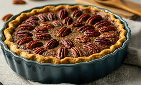 Delicious homemade pecan pie in baking dish on table