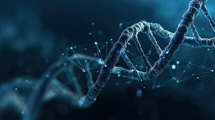 High resulation image of blue background with a DNA double helix and digital network, a science or technology concept for medical research.