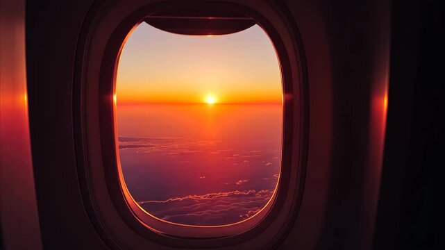 Beautiful sunset view from an airplane window during a journey, Airplane flying at the sunset, side window picturesque view reveal