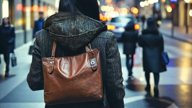 Woman walks down city street unaware of purse left unzipped, Woman on city street is unaware that her purse has been stolen by pickpocket