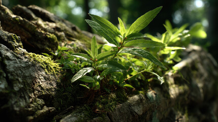Lush green plants sprout from a decaying moss-covered log bathed in dd sunlight in a serene and vibrant forest environment du summer season.