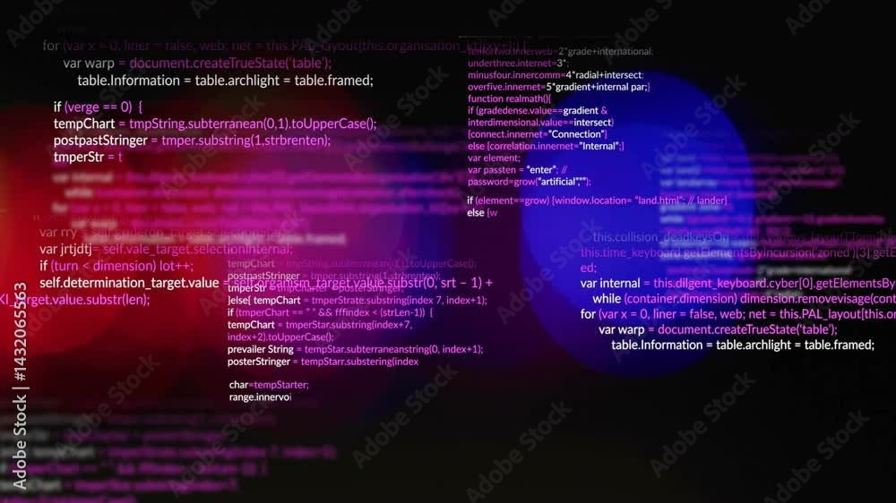 Poster displaying overlaid javascript code on dark screen, highlighting syntax with colored bokeh circles