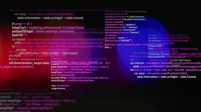 Displaying overlaid JavaScript code on dark screen, highlighting syntax with colored bokeh circles