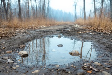 Muddy path with a reflective puddle and bare trees in a foggy woodland setting during early morning hours