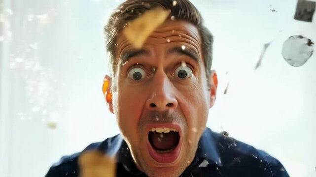 Close-up of shocked man with wide eyes and open mouth expressing extreme surprise. His facial expression gradually changes from initial shock to disbelief as he reacts to something off-camera.