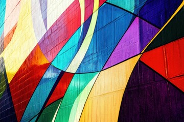Vibrant, geometric mural painted on a textured wall.