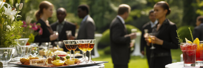 Outdoor gathering with drinks and appetizers. People mingle in a garden setting with a variety of drinks and food on display. 