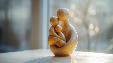Minimal wooden sculpture of a mother embracing her children, symbolizing nurturing, family unity, and generational connection; represents demographics, population growth, and social care.

