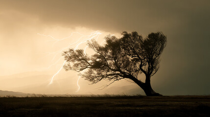 Obraz premium Silhouette of a tree against a stormy sky with lightning bolts, creating a dramatic and powerful image symbolizing nature's force and resilience
