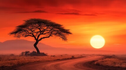 Obraz premium Sunset Over the African Savannah with Acacia Tree and Dramatic Orange Sky