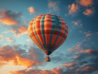 Fototapeta premium Colorful hot air balloon soaring through a vibrant sunset sky with clouds