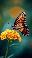 Fototapeta premium Vibrant Butterfly on Yellow Flower in Nature