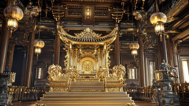 Golden Throne room interior, Chinese palace architecture, decoration background